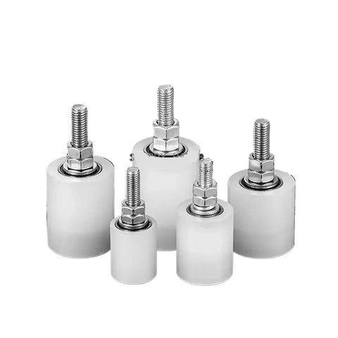 Top Shelf Nylon Guide Roller Slick Bearing Pulley Wheel For Sliding Door Track And Linear Motion Applications Featuring Threaded Stem Idler Support Smooth Travel Easy Install Universal Replacement Part A8 Style - five rollers with threaded stems.