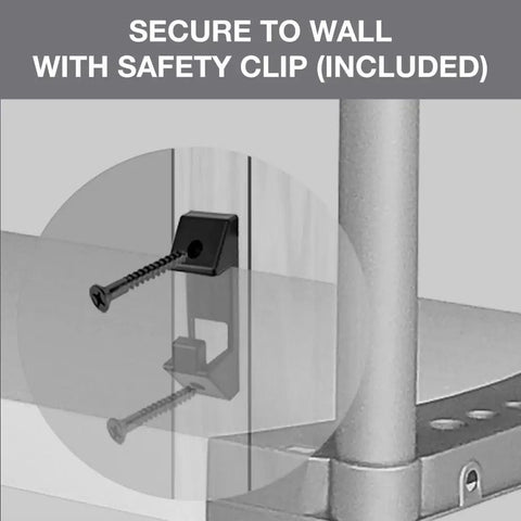 Built Tough 42 Inch Plastic Resin Four Tier Shelving Rack showing included safety clip for secure wall attachment
