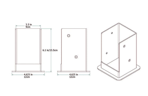 Technical diagram of Heavy-Duty Galvanized Steel Post Bases for 4x4 Wood Posts Bolt-Down Mount Kit for Decks, Patios, Concrete.