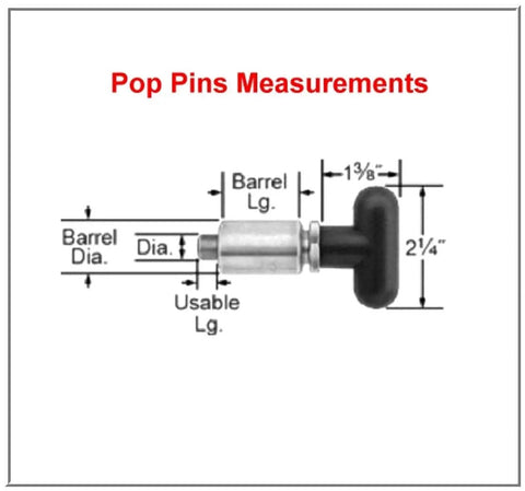 Pop pin measurements diagram showing heavy duty spring loaded pull pin with 3/8 inch plunger and dimensions.