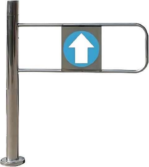 Hella Durable Spring Loaded One Way Pedestrian Swing Gate For Retail Shops And Warehouses With No Sweat Installation and Stylish Decorative Covers for Reliable Crowd Flow, with arrow sign.