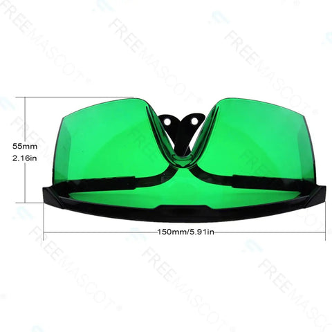 Heavy Duty Grow Room Safety Glasses Blocking UVA And UVB Light For Intense LED Fixtures, green lens with black frame, top view.