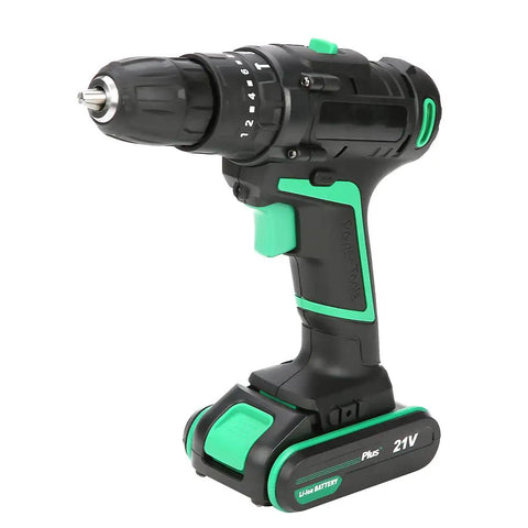 Professional Grade Heavy Duty Badass Cordless Drill 21V Electric Power Tool 45Nm showing adjustable torque settings and battery.