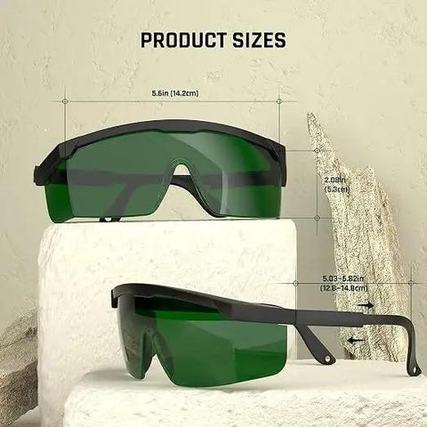 Professional Kick Ass Laser Safety Glasses With OD4 Plus Shield dimensions showing 5.6in width and 2.08in height.