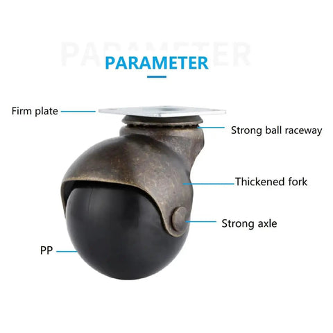 Top Shelf Vintage Brass Swivel Stem Ball Caster Wheels Delivering Smooth Silent Roll For Furniture Desk Chairs And Heavy Duty Trolleys Breezy Glide Across Carpet Or Hardwood Floors Set Of Four 1.5 Inches showing parameters like firm plate and strong axle.