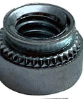 Rock Solid 3/8 Inch 16 Thread Self Clinching Nuts Pack Of 20 Zinc Coated Steel Fasteners in close-up view showing knurled edge.