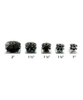 Different sizes of threaded caster inserts for various tube dimensions, illustrating sizing options for heavy-duty use.