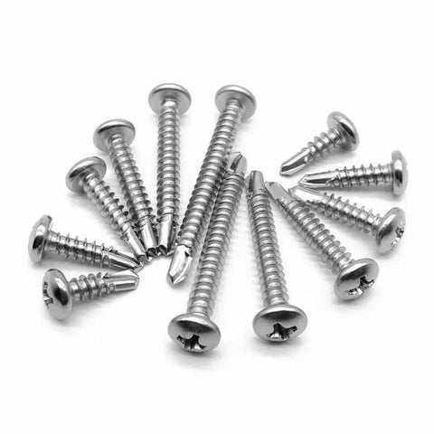 Heavy Duty 100 Pack 8 X Half Inch 410 Stainless Steel Pan Head Self Tapping Screws With Phillips Drive arranged on white background.