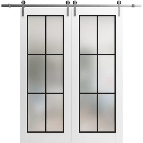 Sliding Double Barn Doors With Frosted Glass Panels And Super Sleek Silver Track Hardware Kit For A Tight Glide To Kick Up Any Space 18 X 96 Inch white doors with frosted glass.