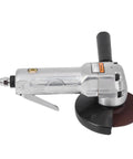 Heavy Duty Pneumatic Angle Grinder With Rock Solid 100mm Sanding Pad Delivers 11000rpm For Crushing Deburring Metal Polishing And Fast Workshop Finish Work On Steel And Aluminum Surfaces Like A Champ, side view with 100mm sanding pad.