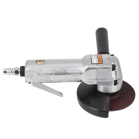 Badass Pneumatic Angle Grinder 11000 RPM Knockout Grinding And Polishing Tool Built Tough With Durable Aluminum Alloy Body and Feather Weight Design. Side view of pneumatic angle grinder with metal frame.