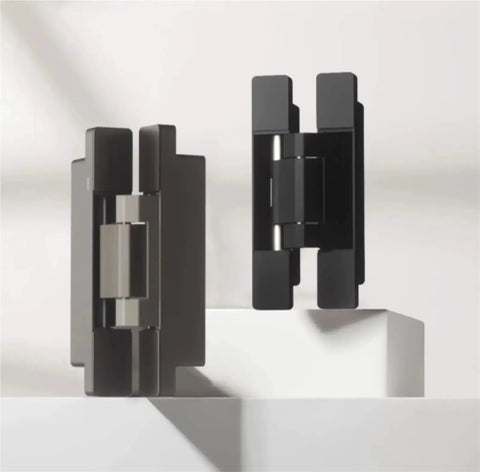 Heavy Duty Hidden Door Self Closing Hinge Dead Silent Hydraulic Buffer Smooth Auto Return Ninety Degree Stop viewed at an angle on a white surface.