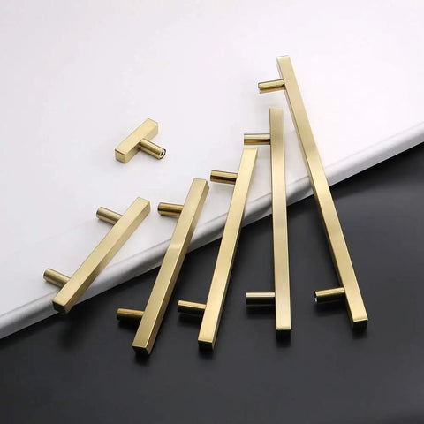 Big Time Upgrade Slick Brushed Gold Drawer Pulls 25 Pack Square T Bar Cabinet Handles For Kitchen And Closet Cupboards 3 Inch Hole Center Heavy Duty Hardware Set displayed in various sizes.