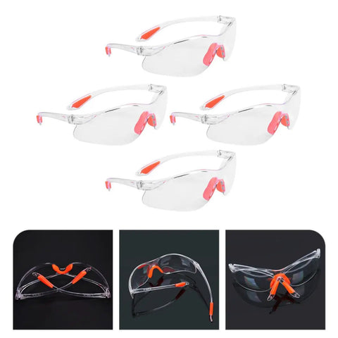Rugged 4 Piece Set Of Anti Fog Safety Glasses Featuring Rock Solid Polycarbonate Shields And Soft Silicone Gaskets For Heavy Duty Workshop Protection Clear Impact Resistant Eyewear For Pros And Crew in clear with orange accents.