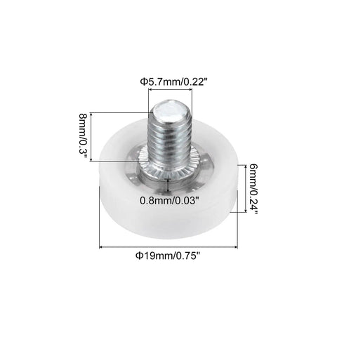 Premium Nylon Drawer Rollers With Stainless Steel Screws And White Positioning Pulleys For File Cabinet Slides And Furniture Drawers 4 Piece Set, 19mm diameter, detailed measurements.