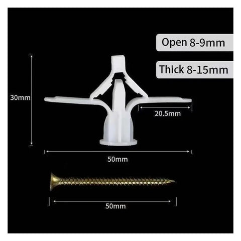 50 Piece Drywall Fasteners Kit With Zinc Plated Screws, Nylon Plugs, detailed measurements of butterfly wall anchors and screws