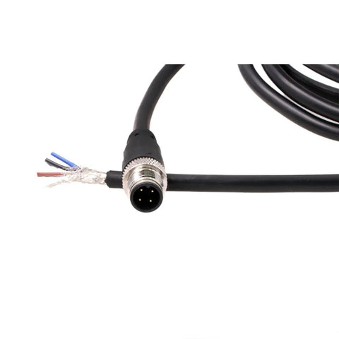 M12 A Coded 4 Pin Shielded Sensor Actuator Cable 3m for industrial automation with bare wire leads, shown with connector close-up.