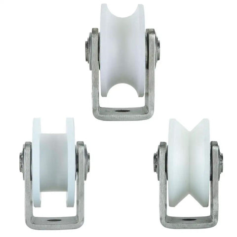 Heavy Duty H Type Roller Pulleys With Tough Nylon Sliding Track Guides And Rust Proof Stainless Steel Bearings, set of three units.