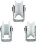 Slick Heavy Duty Nylon Sliding Track Roller With Tough 304 Stainless Brackets And Dual Carbon Bearings For Smooth Gliding Residential Doors And Cable Rail Tracks Measuring Three Inches Wide, showcasing three nylon rollers.