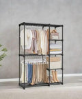 Portable Freestanding Closet Organizer With A Super Solid Heavy Duty Metal Frame And Roomy Shelves For Sneakers And Threads Sleek Bedroom Wardrobe Rack Featuring Durable Hanging Rods Straight Forward Setup All In One Space Saving Solution displayed with various clothes and storage.