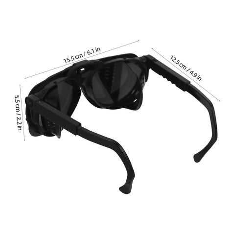 Heavy Duty Black Welding Safety Glasses With Dual Layer Lens To Block Bright Arc Light And Keep Eyes Comfortable For All Day Shop Grind Built Like Iron For Tough Fabrication Jobs And Solid Impact Protection, showing side angle with dimensions.