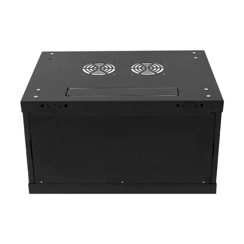 Top Shelf Heavy Duty Wall Mount Server Cabinet Bad Boy Network Rack With Lockable Tempered Glass Door - Black steel cabinet with ventilation.