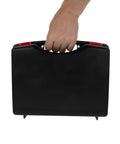 Go Anywhere Plastic Tool Box Organizer With Tight Seal Lid And Balanced Handle For Weekend Warriors DIY Repairs and On Site Tasks Super Slick and Tough As Nails Storage Rig held from above, compact black design.