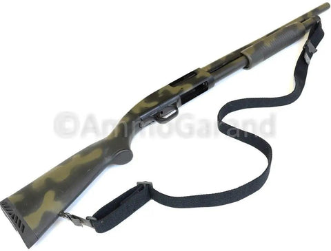 Camo rifle with attached M1 Garand USGI Pattern Web Sling Two Point Black Cotton Made In USA For M1 Garand Rifles