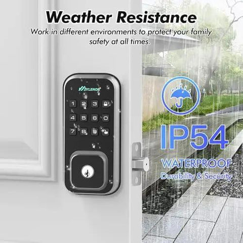 Top Tier Smart Keyless Entry Door Lock With Digital Keypad And Built In WiFi Deadbolt features weather-resistant design on a door.