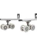 Heavy Duty Hella Durable Double Wheel Sliding Door Rollers Zinc Alloy Track Pulleys, close-up of two white wheels and metal brackets.
