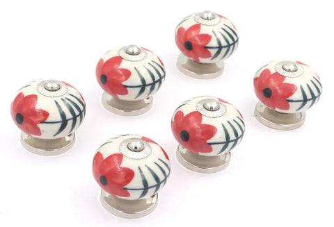 Hand Painted Ceramic Cabinet Knobs Set Of Six Features Dope Red Flower Motif For Dressers And Drawers, round knobs with a floral design.