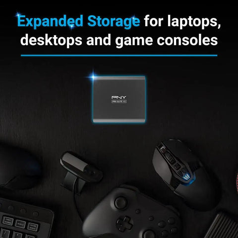 Pro Elite V2 1TB USB 3.2 Gen 2x1 Type-C External SSD for Gamers and Creators, shown with gaming peripherals.