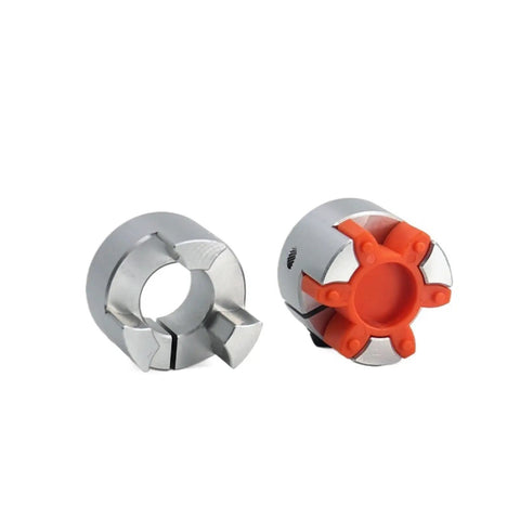 Heavy Duty Flexible Jaw Coupling D40L50 Sizes 10 To 17, metal connectors with rubber spider for torque transfer.