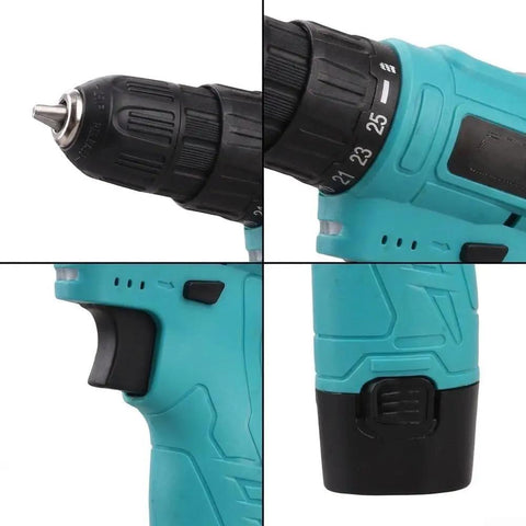 Close-up view of Top Shelf Dual 12V Cordless Drill Kit With 25 Plus One Precision Torque Levels, highlighting features and controls.