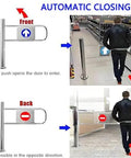 Rock Solid Heavy Duty Stainless Steel Security Swing Gate One Way Entry Door For Markets And Backyards Smooth Operating Foot Traffic Management 170X100CM Rust Free Outdoor Barrier front and back views with automatic closing.