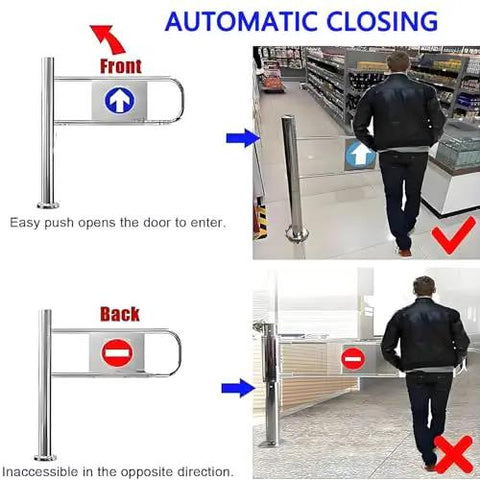 Top Shelf Stainless Steel Spring Loaded Swing Gate For One Way Flow And Easy Crowd Control On Busy Outdoor Patios Or Market Entrances Built Tough To Take Daily Beating Without Any Drama Or Hassle showing front and back views with automatic closing mechanism.