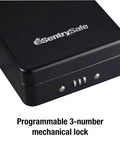 Portable Black Safe Lock Box With Resettable 3 Digit Combination for Home Office or Dorm Security, close view of combination lock.