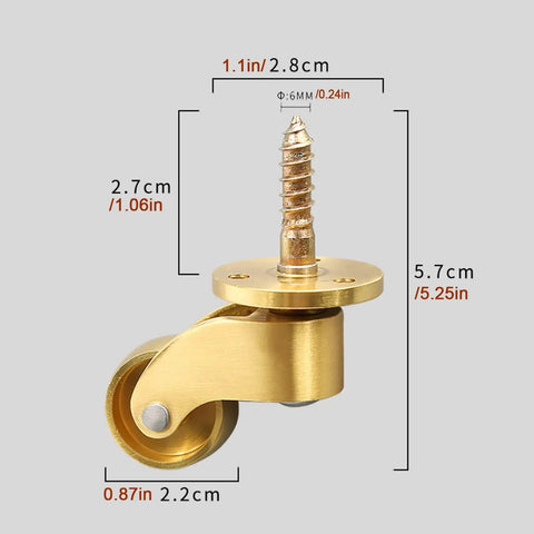 Heavy Duty Solid Brass Swivel Caster Wheels 4 Pack Vintage Furniture Casters with screw mount, 2.8cm wide, 5.25in tall.