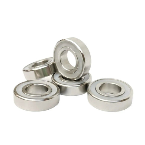 Top Notch 10 Pack 6007 2RS Deep Groove Ball Bearings Stainless Steel 316L showing five smooth dual sealed rubber bearings.