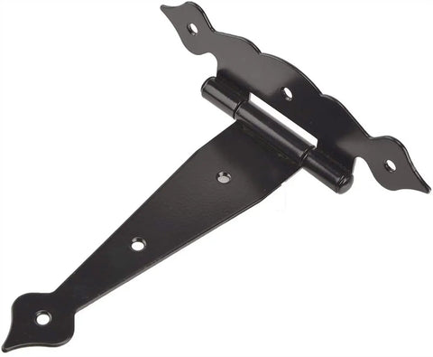Heavy Duty T Hinge For Barn Doors And Gates Made From Dang Solid Steel With Wrench Free Setup And Smooth As Butter Swinging Motion Cabinet Bracket Hardware, black steel hinge with decorative edges.