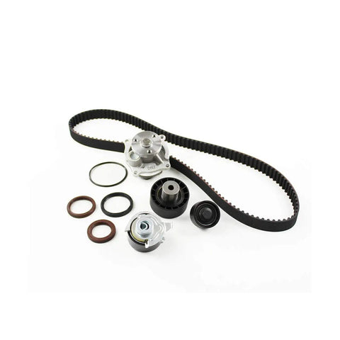 Heavy Duty Timing Belt Kit With Water Pump And Tensioner Set For 1999 To 2004 Ford Mazda Mercury Contour Cougar Escape 2.0L L4 Engine parts arranged on a white background.