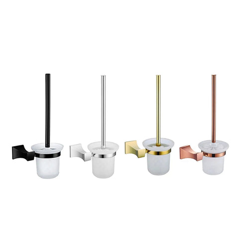 Heavy Duty Wall Mounted Toilet Brush Holder Slick Chrome Finish Glass Cup Top Shelf Bath Organizer in black, white, gold, and rose gold.