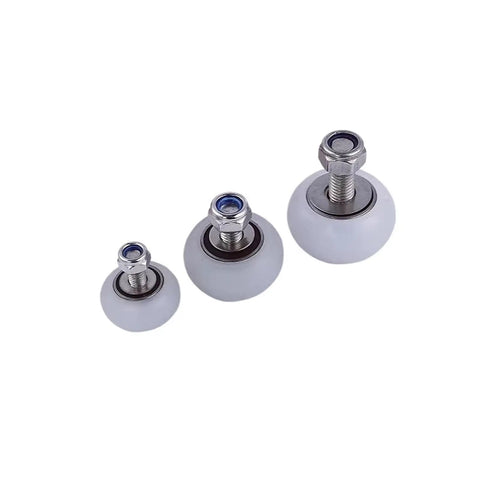 Built Tough Nylon Bearing Pulley Guide Wheel For Sliding Barn Doors Heavy Duty Steel Core Track Roller Smooth Glide Replacement Hardware With 75 Millimeter Bore, three sizes of nylon wheels.