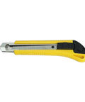 Yellow utility knife with retractable blade and black grip, side view.