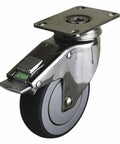 Rock Solid 4 Inch Swivel Plate Caster With No Fuss Directional Lock and Smooth Rolling Thermoplastic Rubber Wheels for Easy Cart Maneuvering and a Bulletproof 190 Pound Load Capacity, showing angled view with lock mechanism.