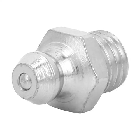 Close-up of single plated steel grease nipple from 10 Pack Grease Nipple Fittings In Plated Steel, Leak Proof M8 Straight, side view.