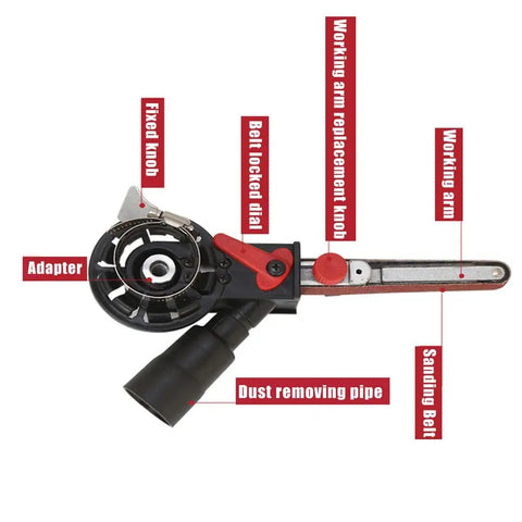 Kick Up Some Dust With This Quick Swap Angle Grinder To Belt Sander Adapter. Detailed view showing knobs and dust pipe.