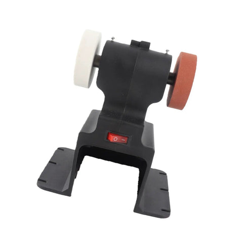 Rock Solid Mini Bench Grinder Featuring 18V Cordless Battery Power And A No Nonsense 250W Motor Delivering Clean 7000 Rpm showing compact design with dual polishing wheels.