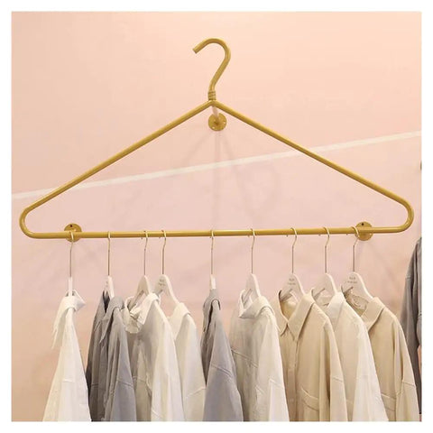 Score This Premium Wall Mount Clothes Rack With Heavy Duty Steel Shelves And Heart Shaped Design To Level Up Your Boutique Floor Or Cozy Apartment Vibe, yellow hanging clothes rack with shirts.