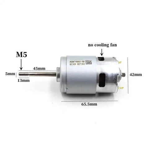 Rs-775 DC Motor 12V 24V 36V High Speed Heavy Duty Electric Engine with detailed measurements and no cooling fan.